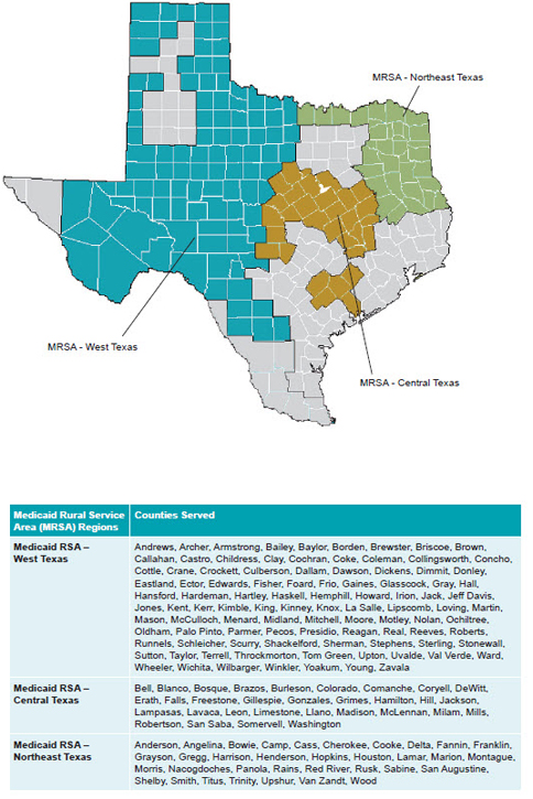 MRSA service area map of Texas