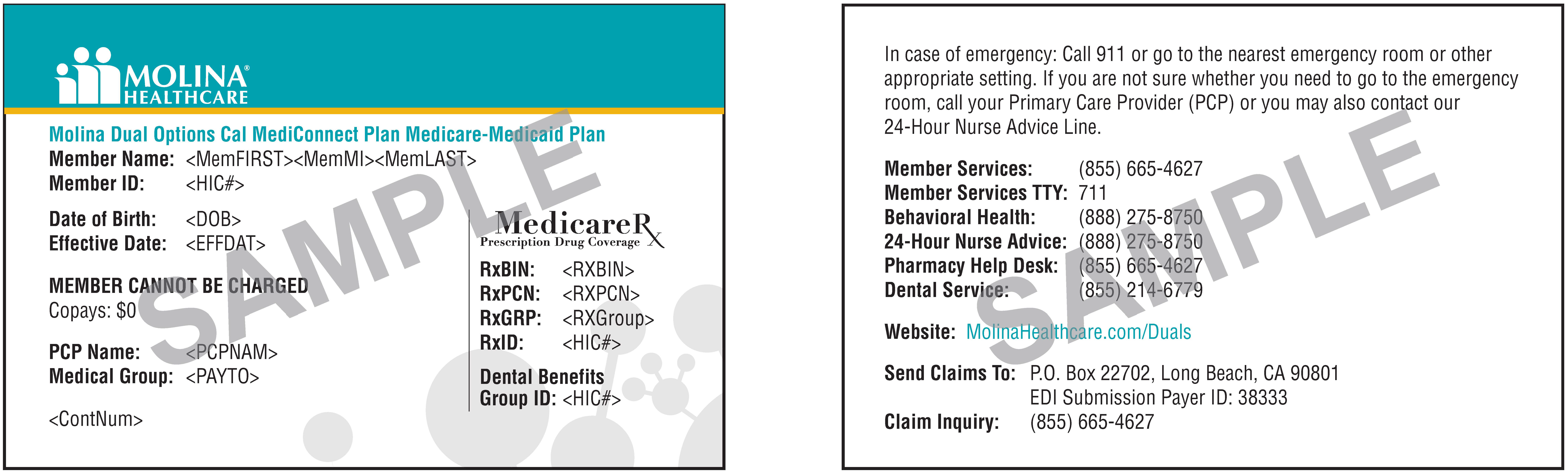 CA 2021 Molina Dual Options Member ID Card Sample