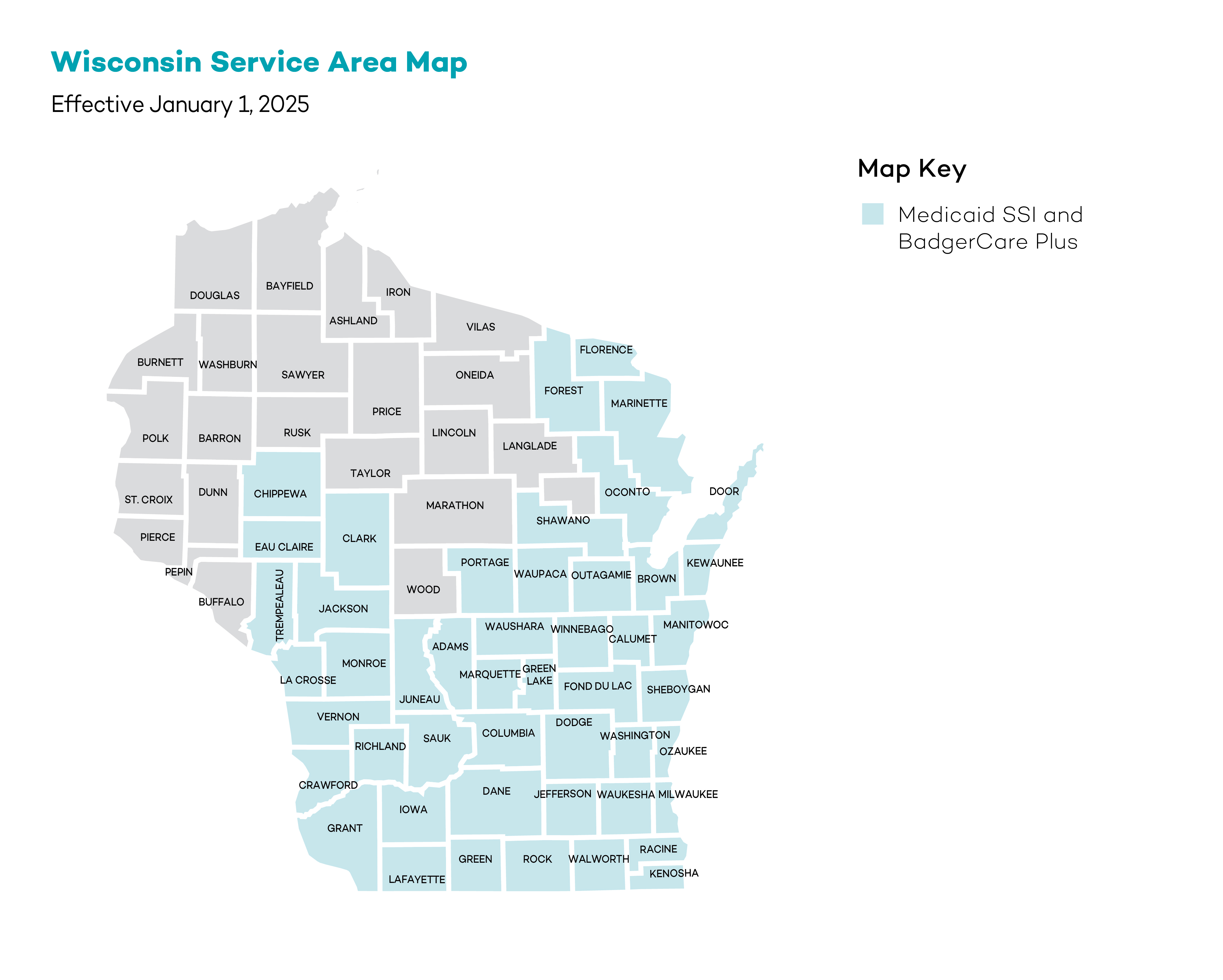 Wisconsin Service Area Map, effective January 1, 2025. Each county is outlined and labeled. Some counties are shaded light blue, indicating coverage for Medicaid SSI and BadgerCare Plus, while the remaining counties are gray. A legend in the corner explains the blue shading.