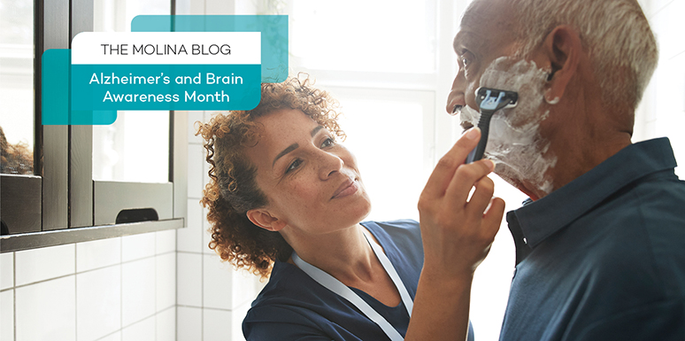 caretaker helping elderly man shave - The Molina Blog - Alzheimer's and Brain Awareness Month