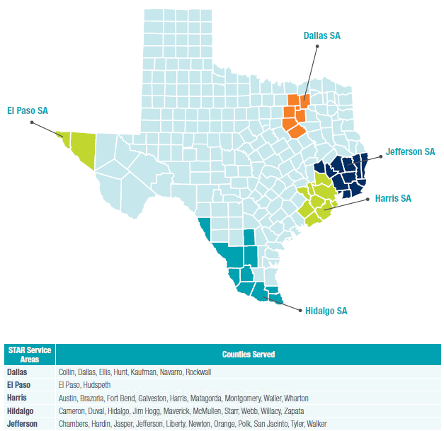 Mapa del área de servicio de Texas