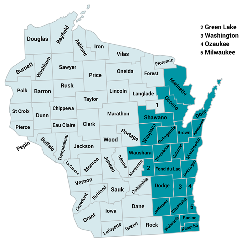 Mapa de Áreas de Servicio de Wisconsin